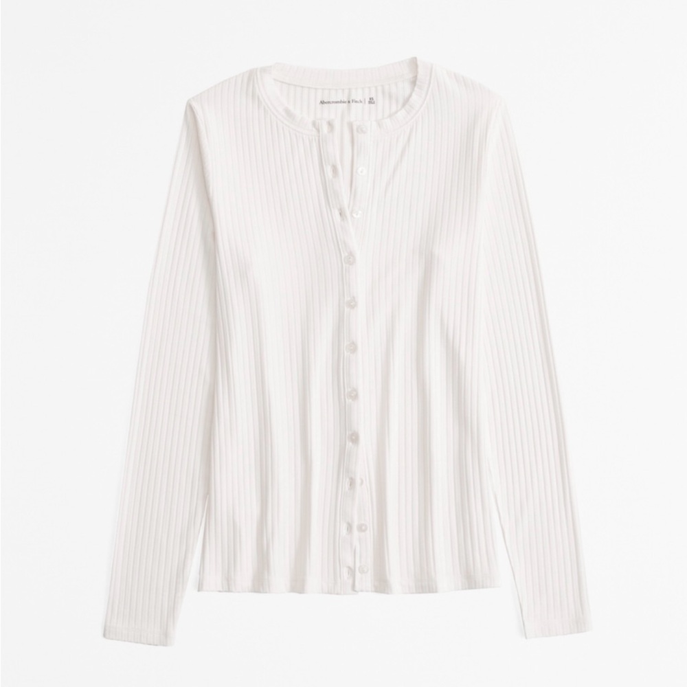 White Long-Sleeve Button-Through Wide Rib Top